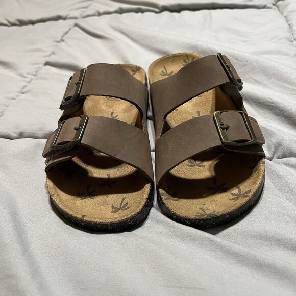 Wonder Nation Tan Brown Double Straps Faux Leather Slip on Slides Sandals Kids 1 - Picture 2 of 9